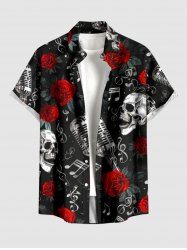 Skull Rose Flower Microphone Music Symbol Print Button Pocket Shirt For Men - Noir M