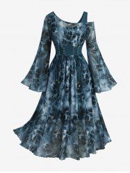Plus Size Rose Flower Tie Dye Print Lace Up 2 in 1 A Line Dress -  