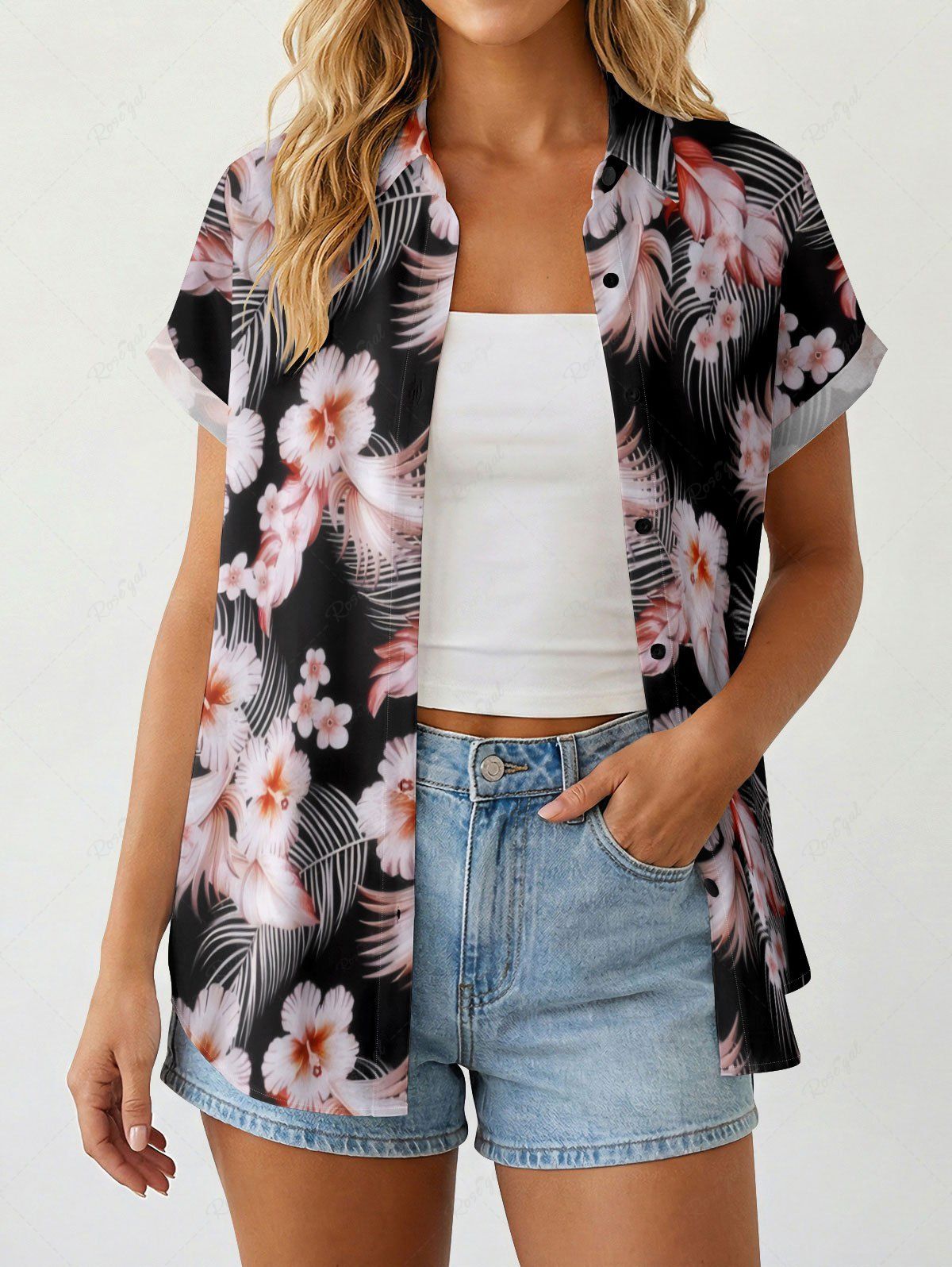 Outfits Tropical Leaf Hibiscus Flower Print Hawaii Women Shirt  