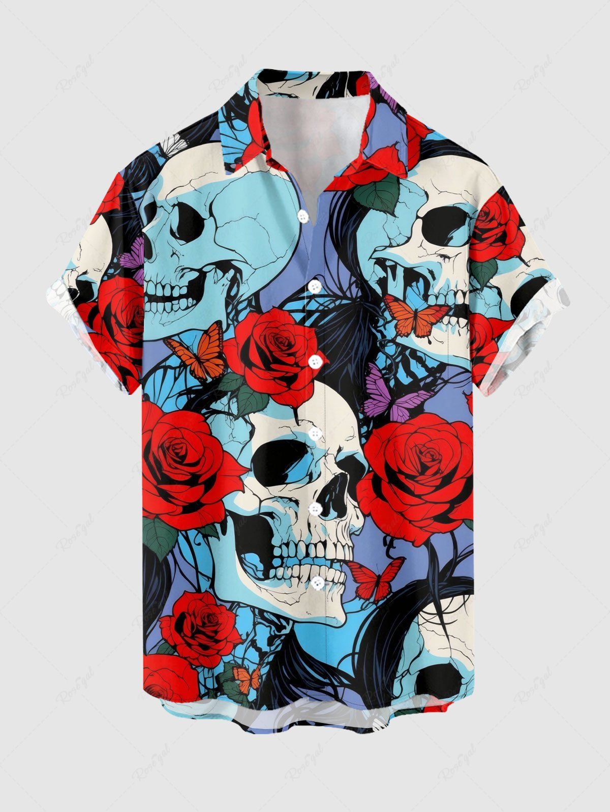 Chic Plus Size Skull Rose Flower Butterfly Print Button Pocket Shirt For Men  