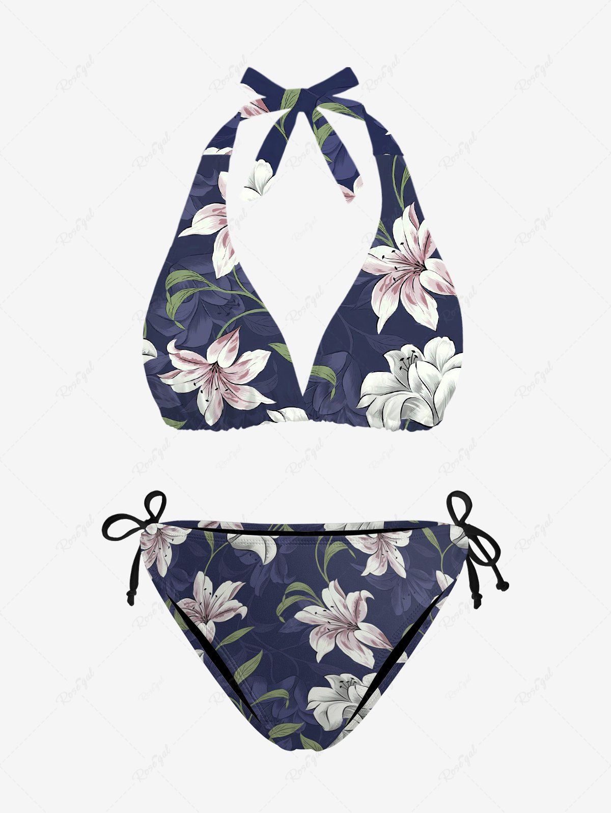 Online Flower Leaf Branch Print Hawaii Plunging Halter Backless Bikini Set  