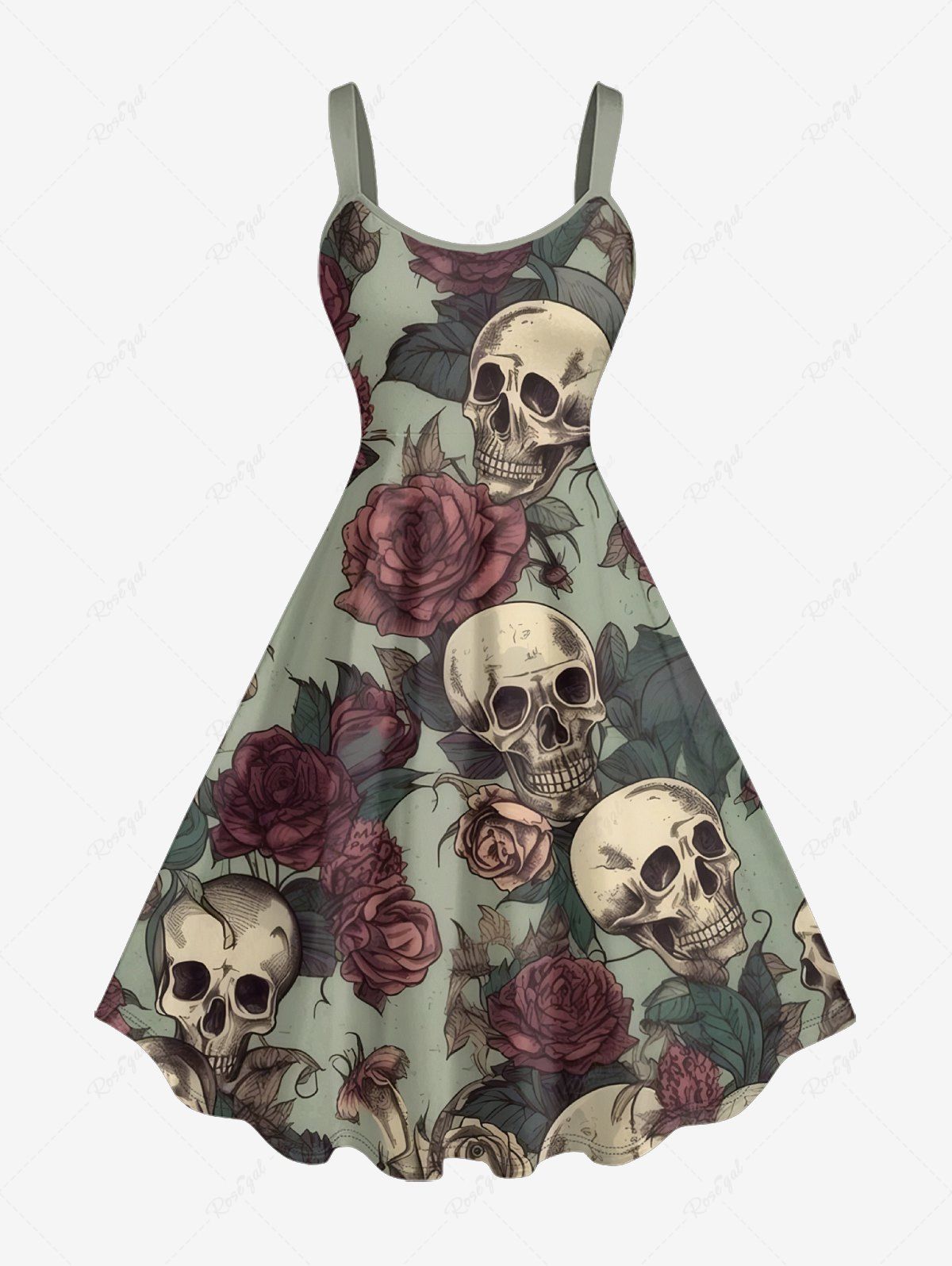 Best Plus Size Skulls Rose Flower Leaf Print Hawaii Tank Dress  