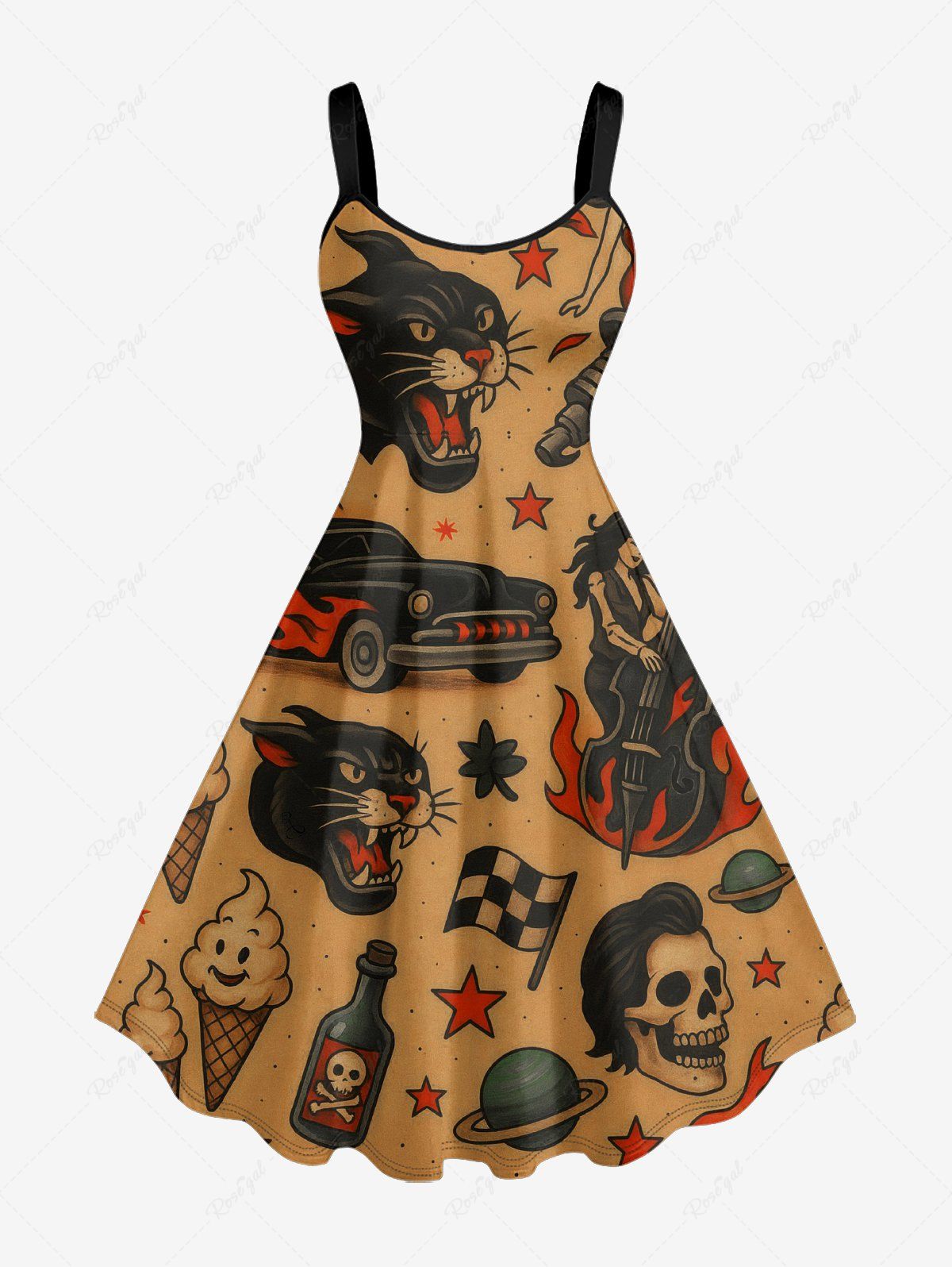 Chic Plus Size Skull Tiger Fire Flame Car Print A Line Dress  