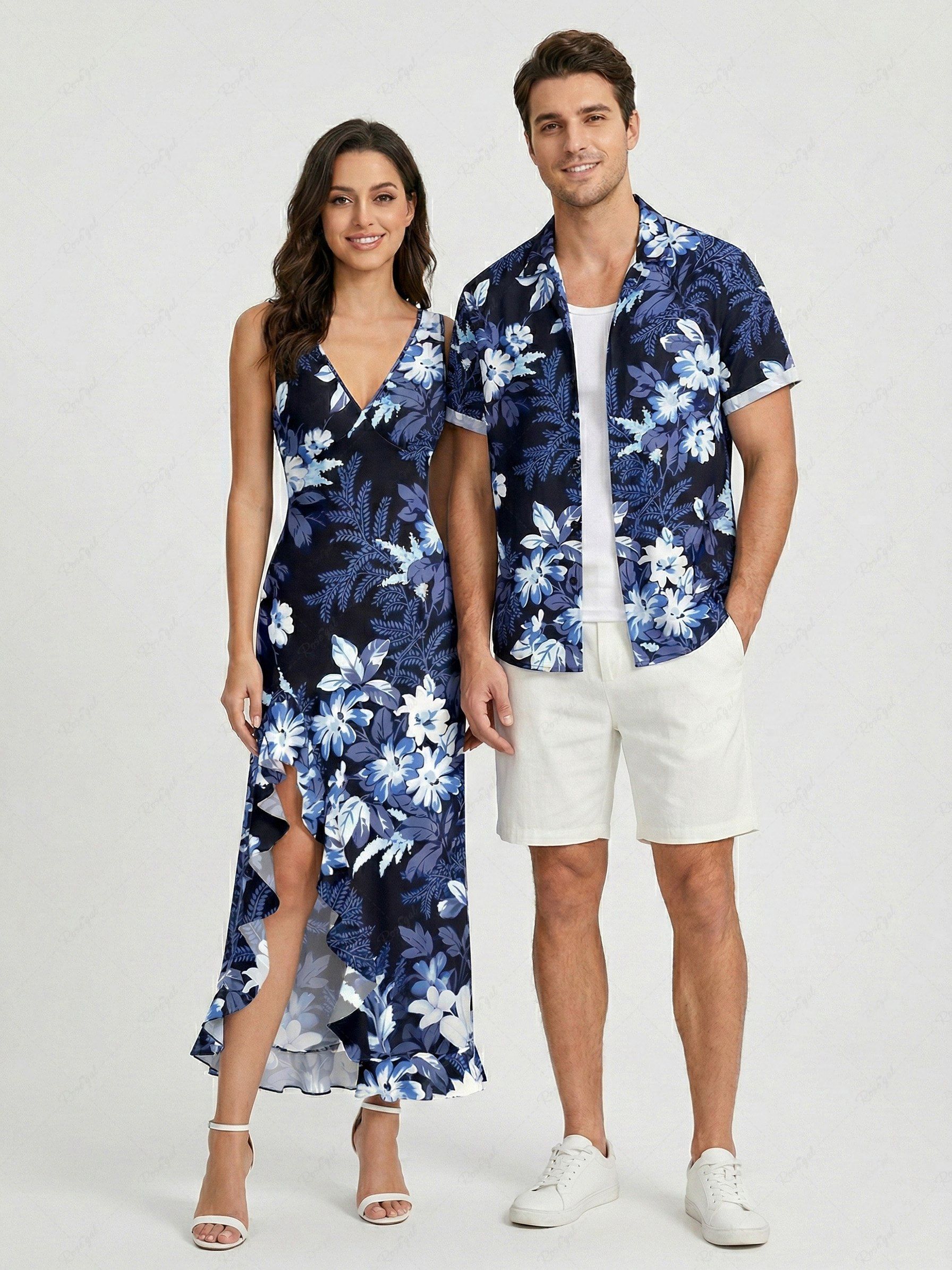 Best Flowers Leaf Pritn Matching Hawaii Beach Outfit For Couples  