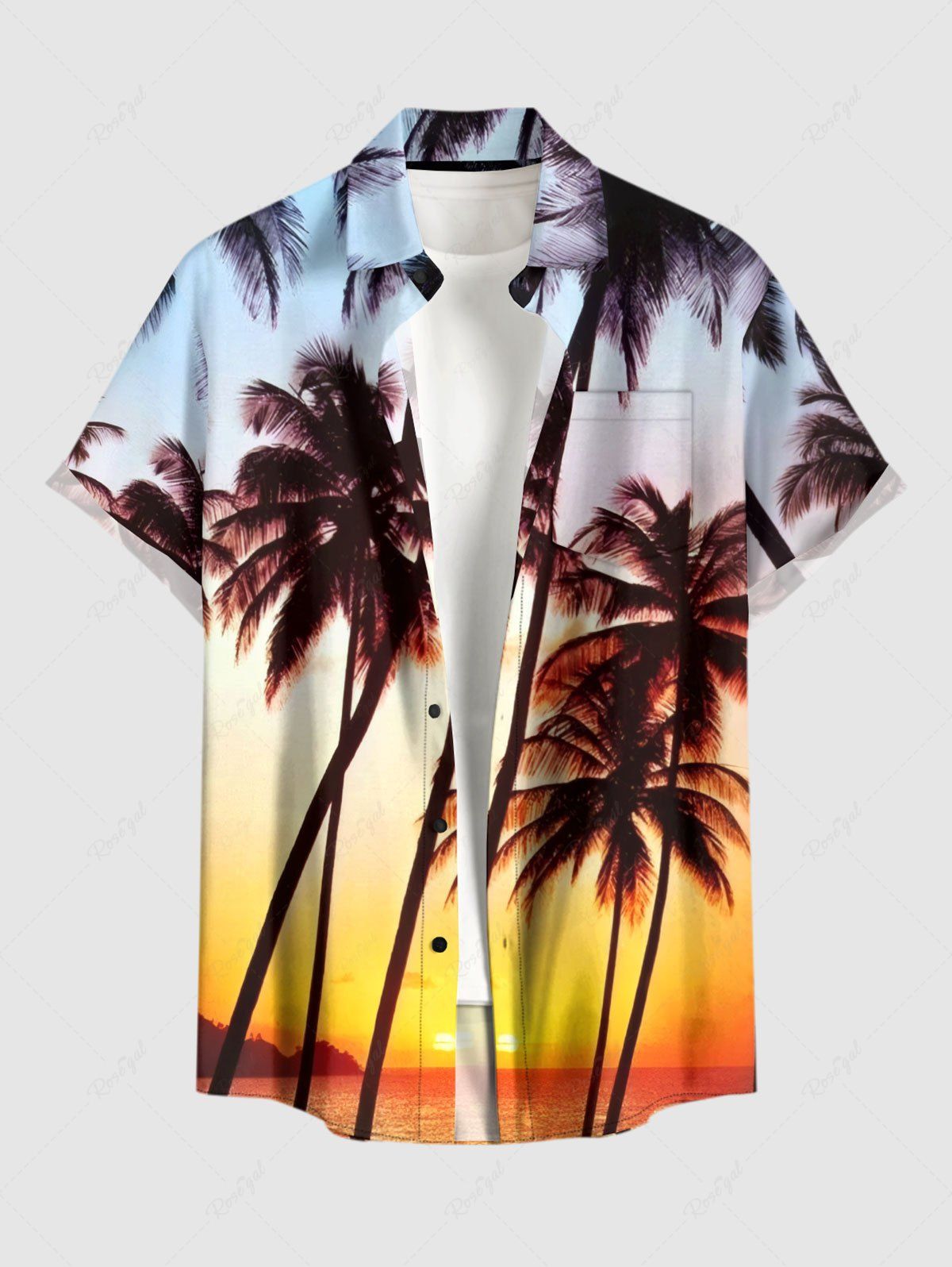 Cheap Plus Size Coconut Tree Ombre Print Buttons Pocket Hawaii Shirt For Men  