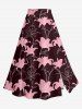 Solid Cinched Top and Lily Flower Print Hawaii Split A Line Skirt Matching Set -  