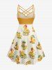 Cute Duck Print Hawaii Ruched Crisscross Strappy A Line Cami Dress - Deep Yellow L