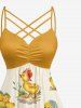 Cute Duck Print Hawaii Ruched Crisscross Strappy A Line Cami Dress - Deep Yellow L