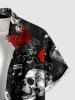 Skull Rose Flower Microphone Music Symbol Print Button Pocket Shirt For Men - Noir M