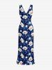 Flower Leaf Print Hawaii Ruffles Split Dress - Bleu M