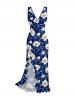 Flower Leaf Print Hawaii Ruffles Split Dress - Bleu M