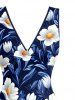 Flower Leaf Print Hawaii Ruffles Split Dress - Bleu M