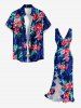 Tropical Leaf Flower Print Hawaii Ruffles Split Dress - Bleu S