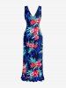 Tropical Leaf Flower Print Hawaii Ruffles Split Dress - Bleu S