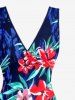 Tropical Leaf Flower Print Hawaii Ruffles Split Dress - Bleu S
