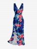 Tropical Leaf Flower Print Hawaii Ruffles Split Dress - Bleu S
