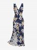 Flowers Leaf Print Hawaii Ruffles Split Surplice Dress -  