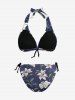 Flower Leaf Branch Print Hawaii Plunging Halter Backless Bikini Set -  