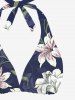 Flower Leaf Branch Print Hawaii Plunging Halter Backless Bikini Set -  