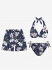 Flower Leaf Branch Print Hawaii Plunging Halter Backless Bikini Set -  