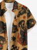 Plus Size Skull Tiger Fire Flame Car Print Button Pocket Shirt For Men - Brun Légère 2XL