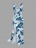 Hibiscus Flower Leaf Print Hawaii Ruffles Split Surplice Dress - Paon Bleu XXXL