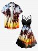 Coconut Tree Ombre Print Ruched Lattice Crisscross Straps Hawaii Dress - Noir XS