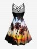 Coconut Tree Ombre Print Ruched Lattice Crisscross Straps Hawaii Dress - Noir XS