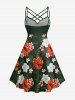 Hibiscus Flowers Leaf Print Ruched Lattice Crisscross Straps Hawaii Dress - Vert profond 3X