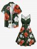 Hibiscus Flowers Leaf Print Ruched Lattice Crisscross Straps Hawaii Dress - Vert profond 3X