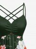 Hibiscus Flowers Leaf Print Ruched Lattice Crisscross Straps Hawaii Dress - Vert profond 3X