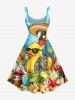 Parrot Duck Pineapple Fruit Juice Flowers Print Hawaii Tank Dress - Bleu Ciel 3X
