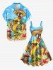 Parrot Duck Pineapple Fruit Juice Flowers Print Hawaii Tank Dress - Bleu Ciel 3X