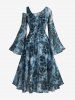 Plus Size Rose Flower Tie Dye Print Lace Up 2 in 1 A Line Dress -  