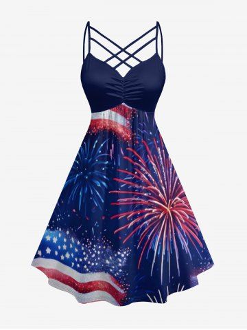 Plus Size Patriotic American Flag Fireflame Print Ruched Crisscross Strappy A Line Cami Dress - NAVY BLUE - 3X