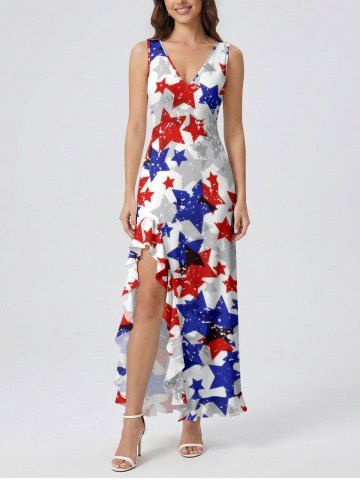 Patriotic American Flag Stars Print Ruffles Split Surplice Dress - WHITE - S
