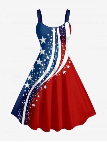 Plus Size Patriotic American Flag Colorblock Print Tank Dress - BLUE - 2X