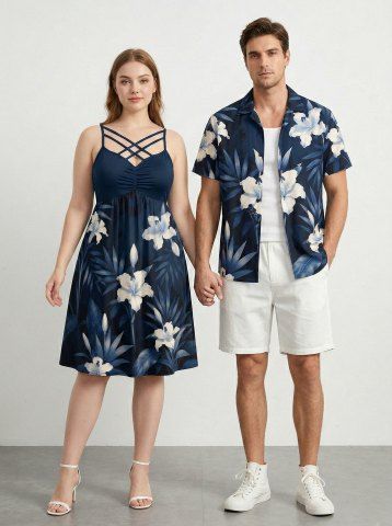 Hibiscus Flower Leaf Print Matching Hawaii Beach Outfit For Couples