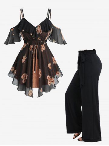 Sunflowers Print Cold Shoulder Blouse and Ruffles Waist Wide Leg Pants Plus Size Outfit - COFFEE