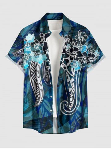 Plus Size Hibiscus Flowers Leaf Print Buttons Pocket Hawaii Shirt For Men - BLACK - 4XL