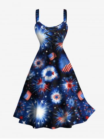 Plus Size Patriotic American Flag Fireworks Print Tank Dress - DEEP BLUE - 3X