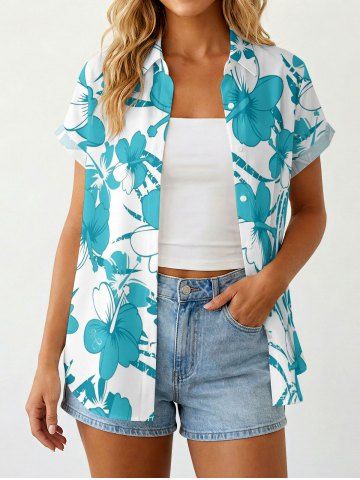 Women Hibiscus Flowers Tropical Leaf Print Buttons Pocket Hawaii Shirt - TURQUOISE - M