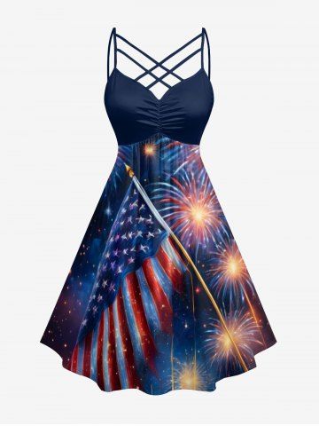 Plus Size Patriotic American Flag Fireworks Oil Painting Print Ruched Lattice Crisscross Straps Dress - DEEP BLUE - L