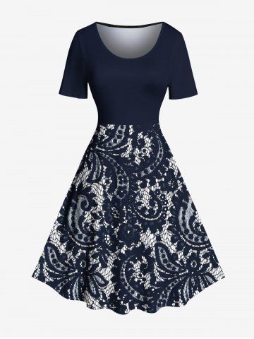 Plus Size Paisley Floral Lace 3D Print Hawaii Vintage Dress - DEEP BLUE - 3X