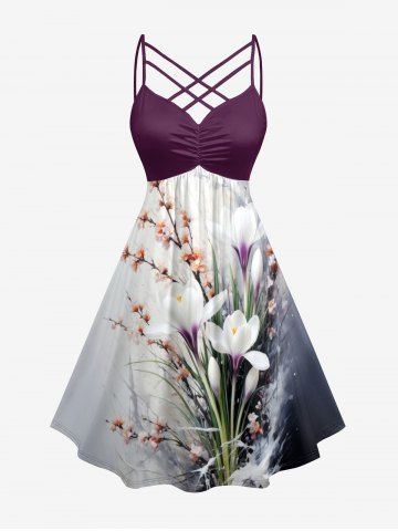 Plus Size Flower Plant Branch Print Hawaii Ruched Crisscross Strappy A Line Cami Dress - PURPLE - 3X