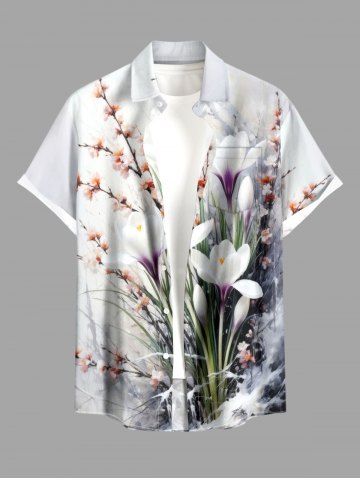 Plus Size Flower Plant Branch Print Hawaii Button Pocket Shirt For Men - WHITE - XL