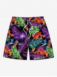 Tropical Leaf Flower Print Hawaii Drawstring Beach Shorts For Men - Noir 5XL