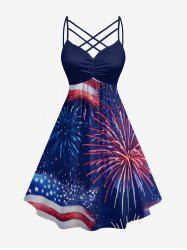 Plus Size Patriotic American Flag Fireflame Print Ruched Crisscross Strappy A Line Cami Dress -  