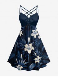 Hibiscus Flower Leaf Print Ruched Lattice Crisscross Straps Hawaii Dress -  