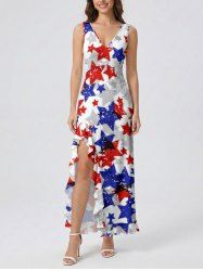 Patriotic American Flag Stars Print Ruffles Split Surplice Dress -  